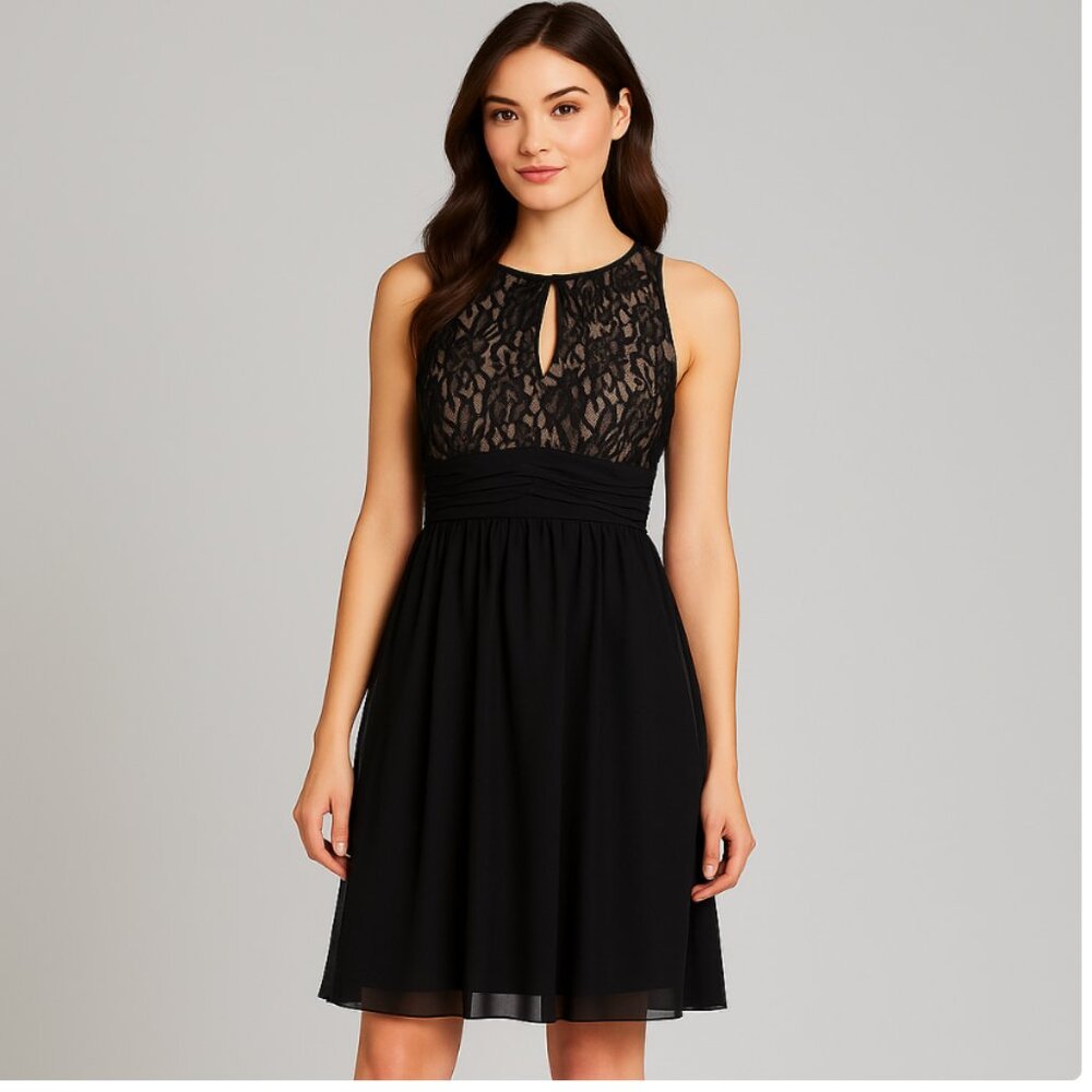 Jessica‎ Howard Black Lace Chiffon Dress Size 8 Keyhole Cocktail Holiday Dress